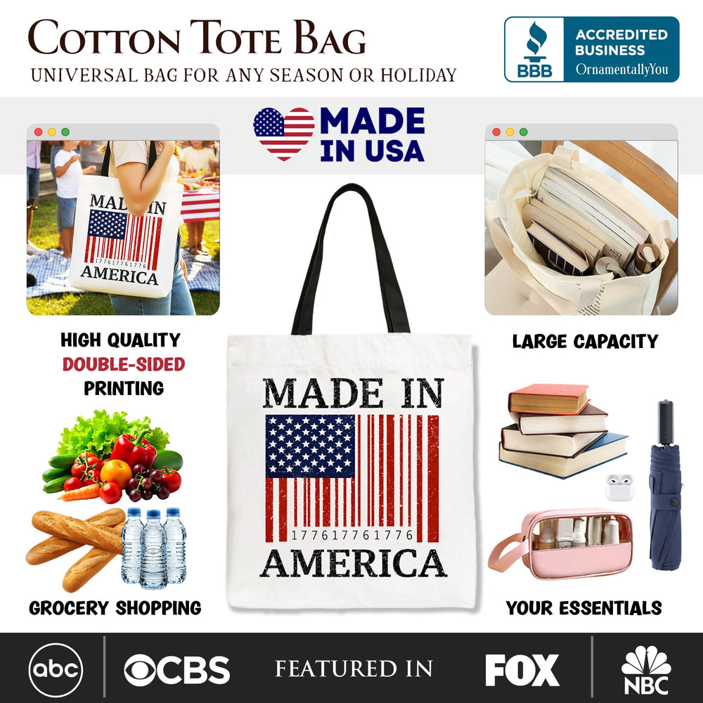 Made In America Bar Code Flag Tote Bag, Patriotic 1776 USA 250th Anniversary Gift Shopper Tote Bag OrnamentallyYou 