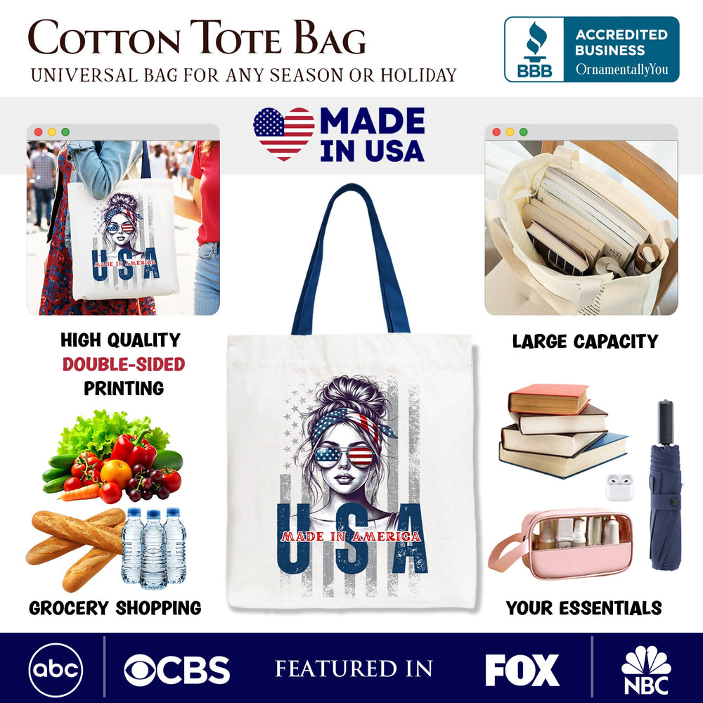 Made in America Messy Bun Tote Bag, Retro 4th of July White Patriotic Gift Shopper Tote Bag OrnamentallyYou 