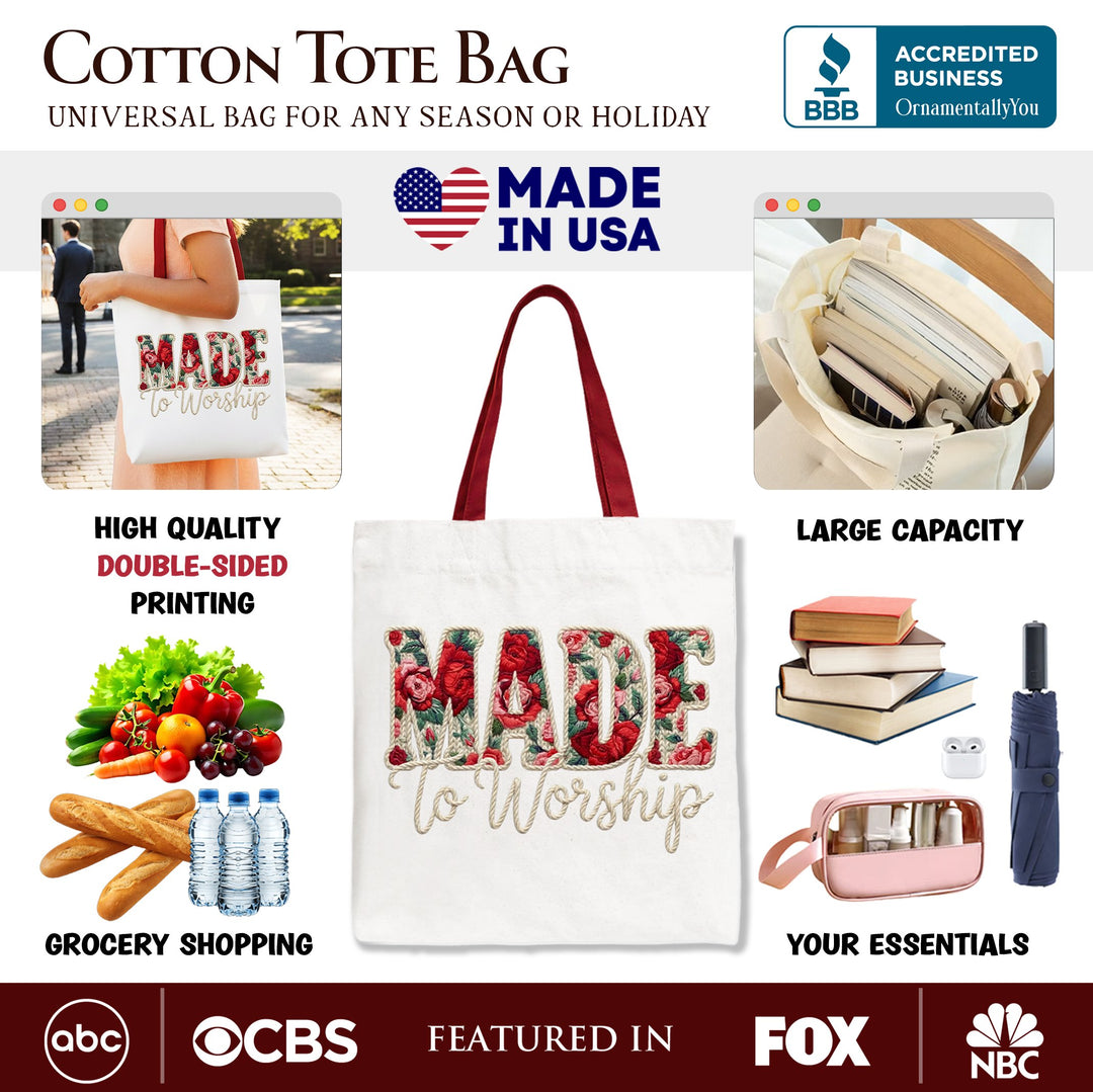 Made to Worship Printed Faux Yarn Crochet Christian Tote Bag, Floral Retro Faith Gift Shopper Tote Bag OrnamentallyYou 