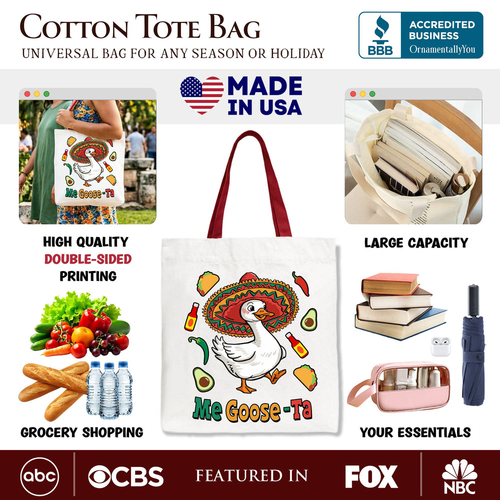 Me Goose-Ta Funny Tote Bag, Mexican Sombrero Goose Gift Shopper Tote Bag OrnamentallyYou 