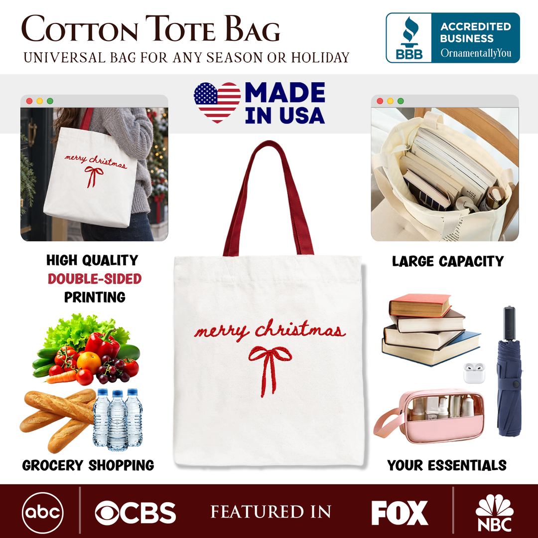 Merry Christmas Bow Tote Bag, Minimalist Coquette Holiday Gift Shopper