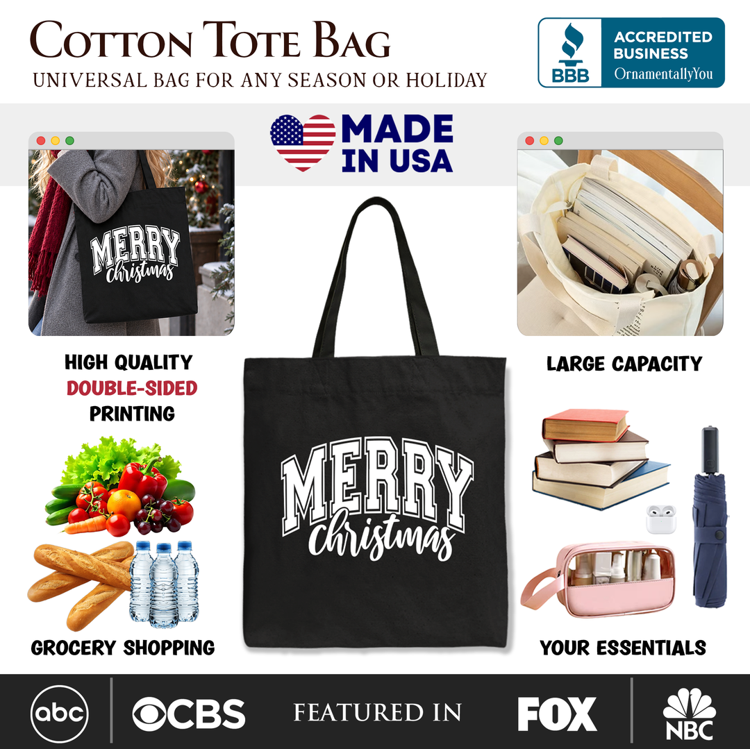 Merry Christmas Collegiate Tote Bag, Classic Holiday Typography Gift Shopper