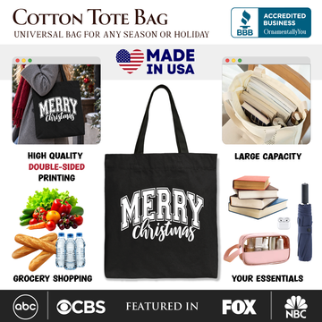 Merry Christmas Collegiate Tote Bag, Classic Holiday Typography Gift Shopper