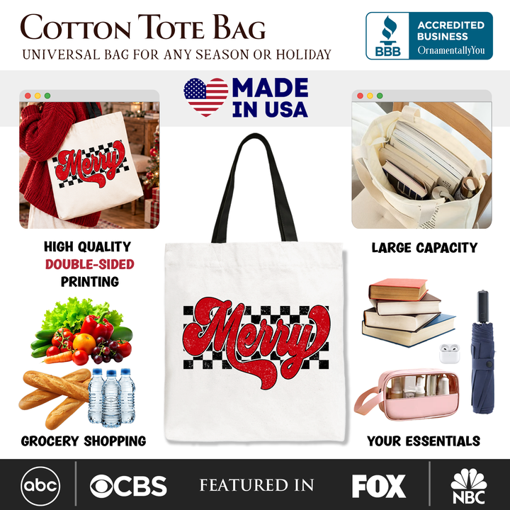 Merry Retro Tote Bag, Christmas Checkered Gift Shopper