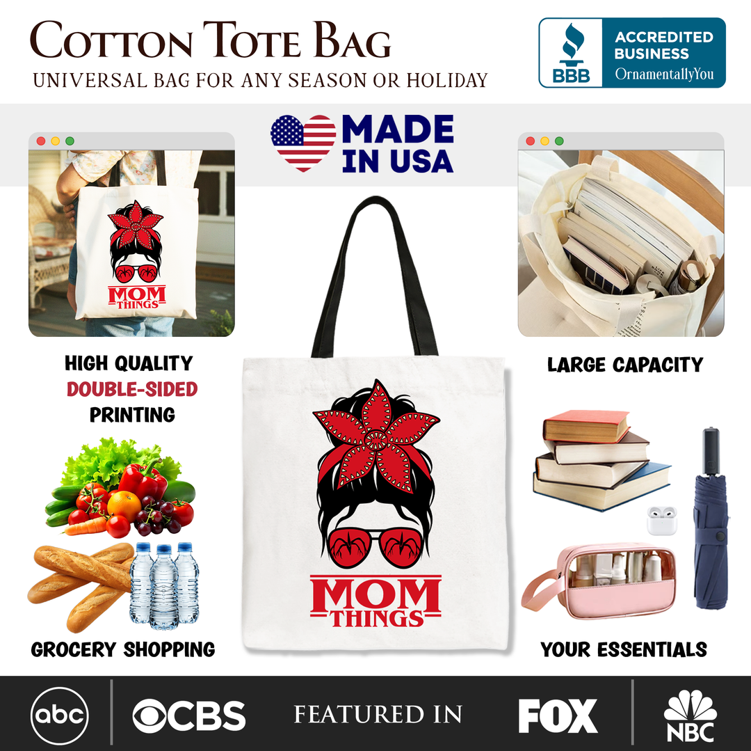 Mom Things Messy Bun Retro Canvas Tote Bag, Red Bandana Glasses Family Matching Gift Shopper