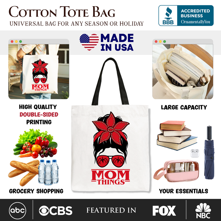 Mom Things Messy Bun Retro Canvas Tote Bag, Red Bandana Glasses Family Matching Gift Shopper