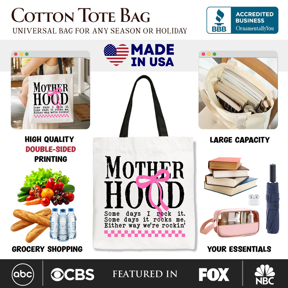 Motherhood Coquette Pink Bow Tote Bag, Retro Checkered Gift Shopper Tote Bag OrnamentallyYou 