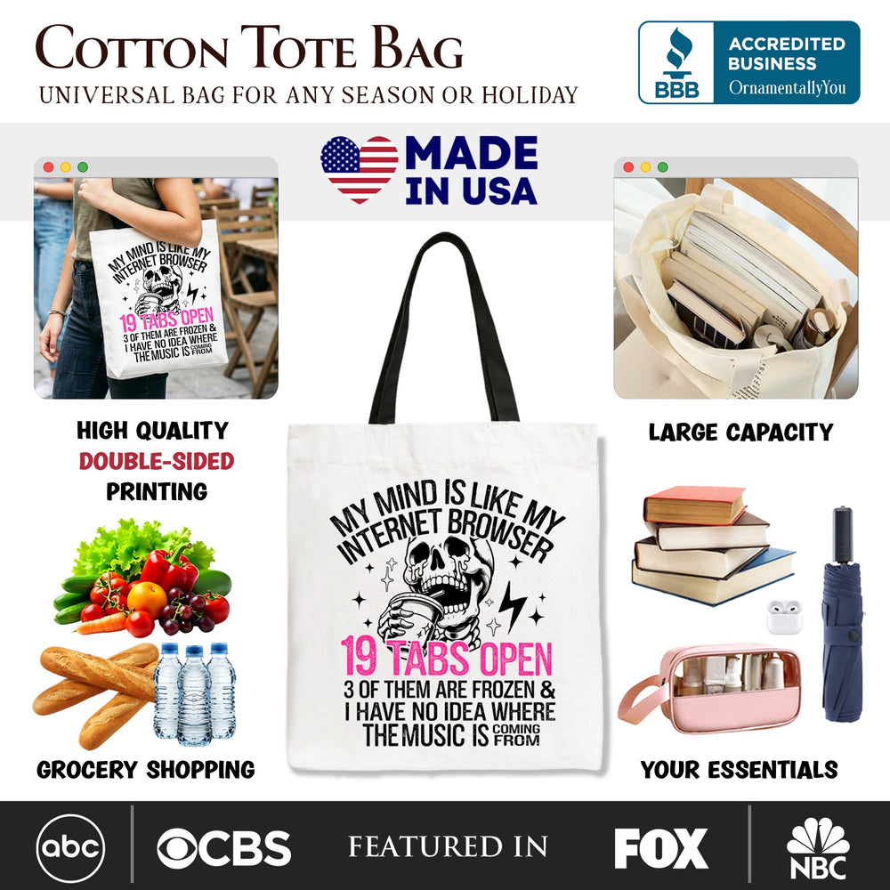 My Mind is Like My Internet Browser Tote Bag, Sassy Overstimulated Skeleton Funny Gift Shopper Tote Bag OrnamentallyYou 