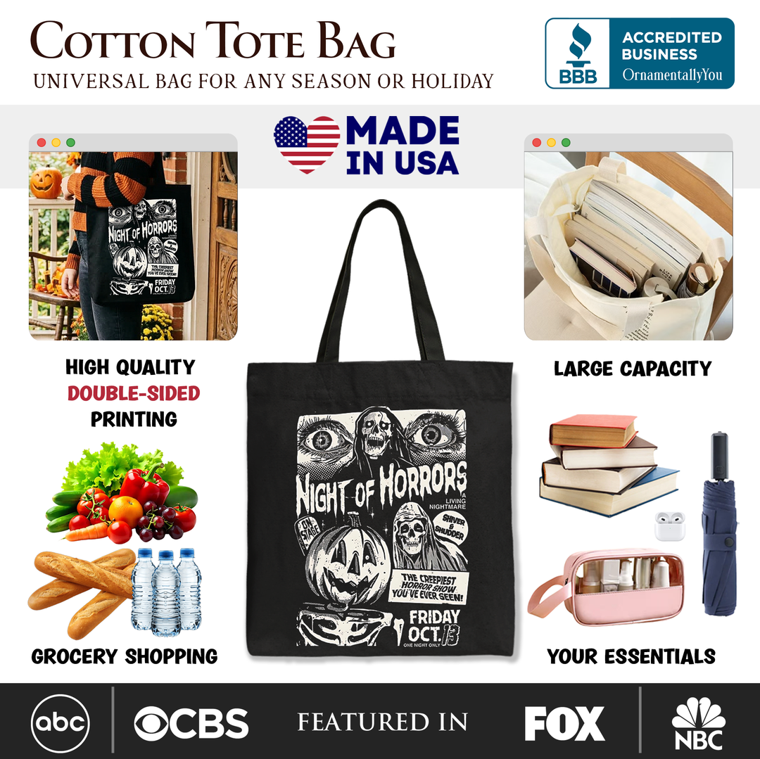 Night of Horrors Retro Halloween Tote Bag, Vintage Poster Gift Shopper for Spooky Season Fans