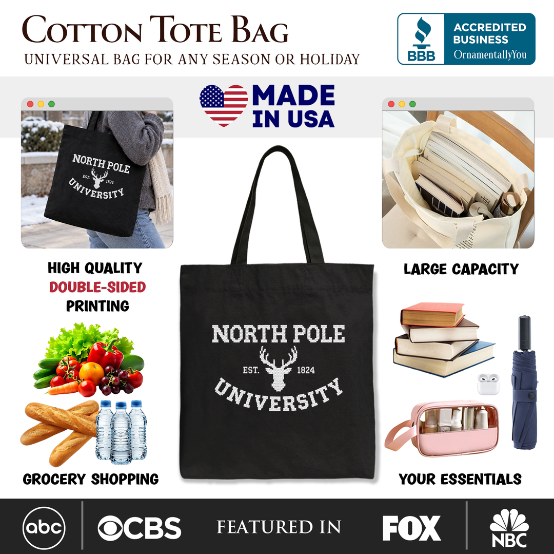 North Pole University Faux Cross Stitch Christmas Tote Bag, Winter Holiday Gift Shopper
