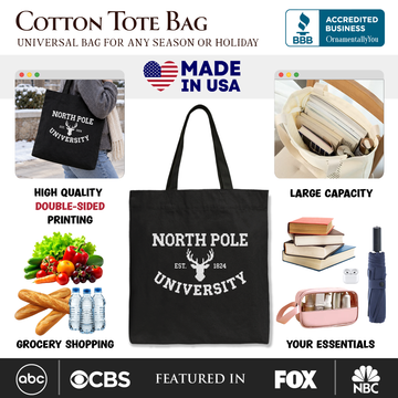 North Pole University Faux Cross Stitch Christmas Tote Bag, Winter Holiday Gift Shopper