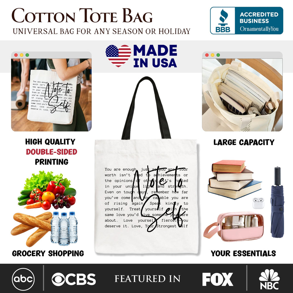 Note To Self Mental Health Tote Bag, Motivational Definition Gift Shopper Tote Bag OrnamentallyYou 