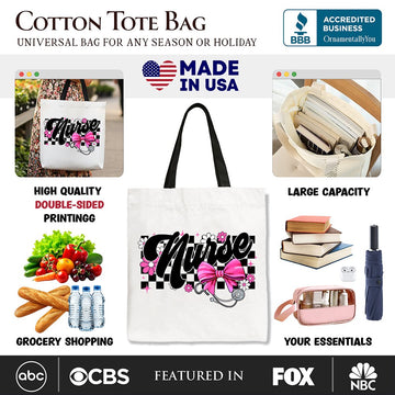 Nurse Floral Coquette Pink Bow Canvas Tote Bag, Retro Stethoscope Checkered Coworker Gift Tote Bag OrnamentallyYou 
