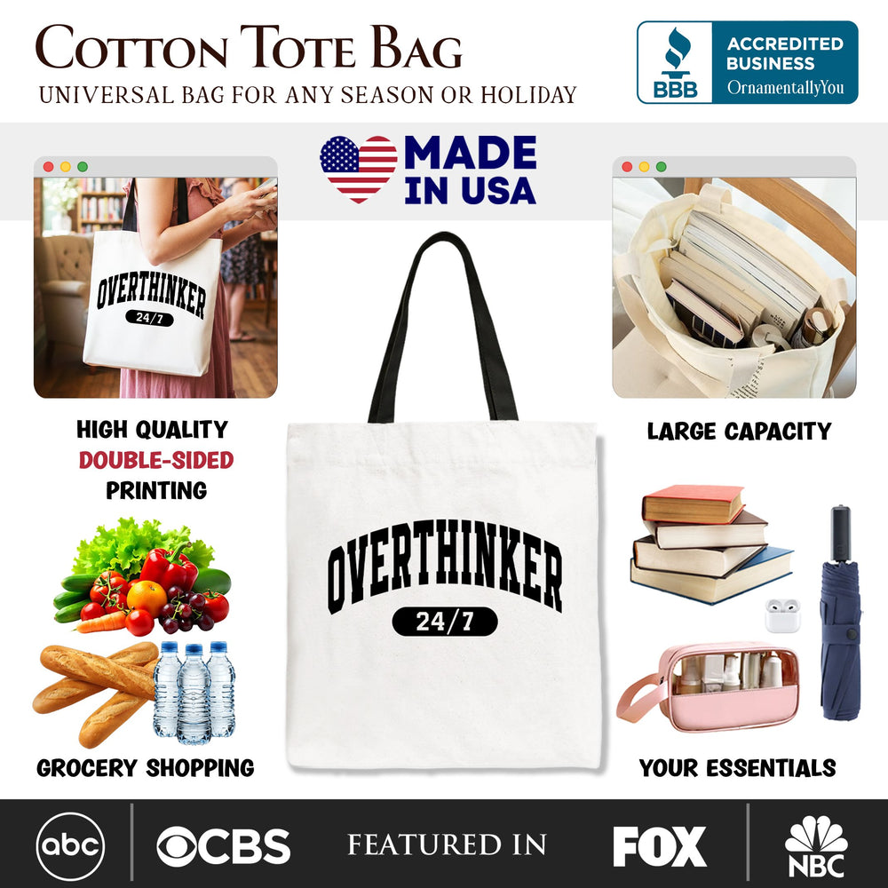 Over Thinker 24/7 Tote Bag, Minimalist Collegiate Gift Shopper for Tired Women Tote Bag OrnamentallyYou 