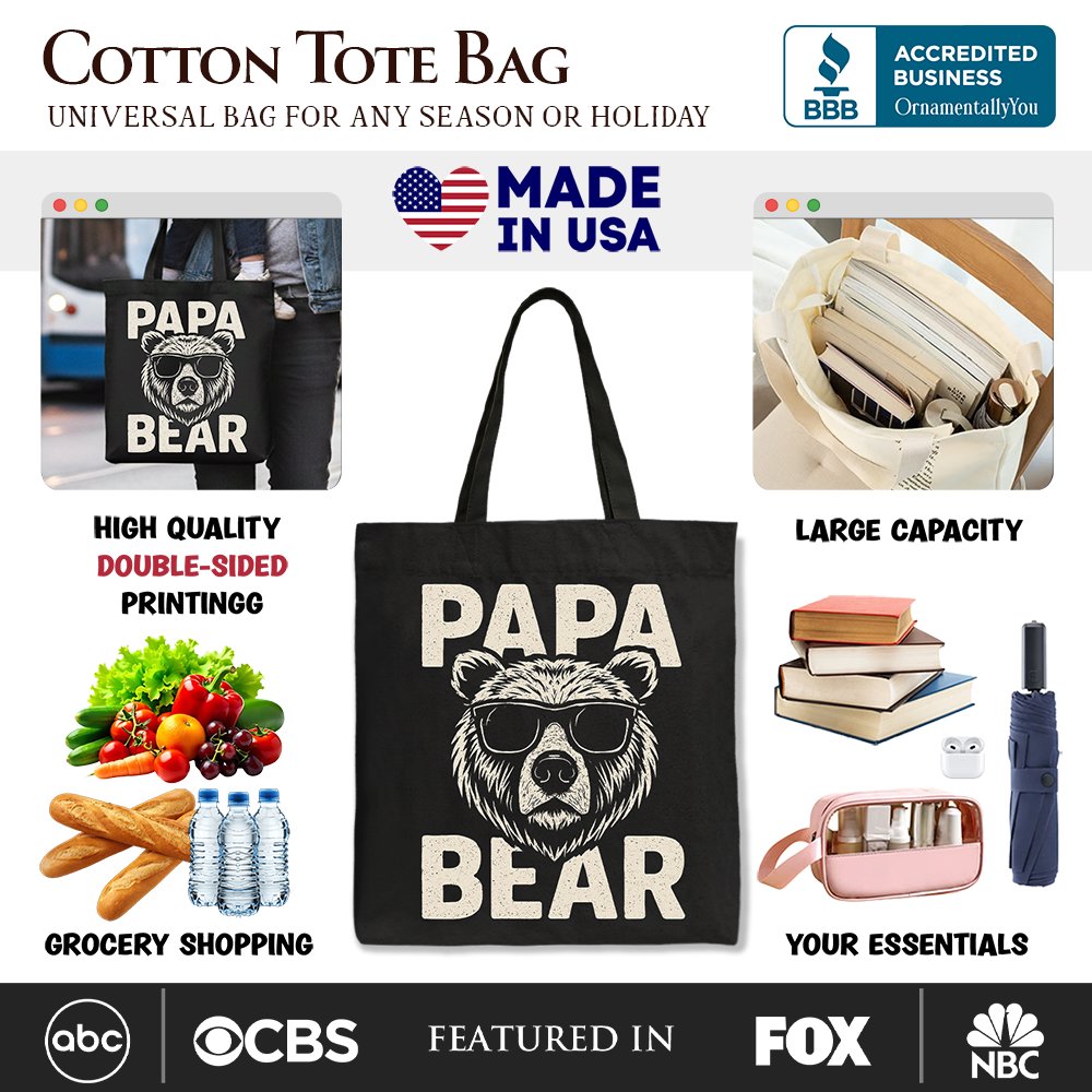 Papa Bear Sunglasses Canvas Tote Bag, Black Vintage Gift Shopper for Cool Dads Tote Bag OrnamentallyYou 