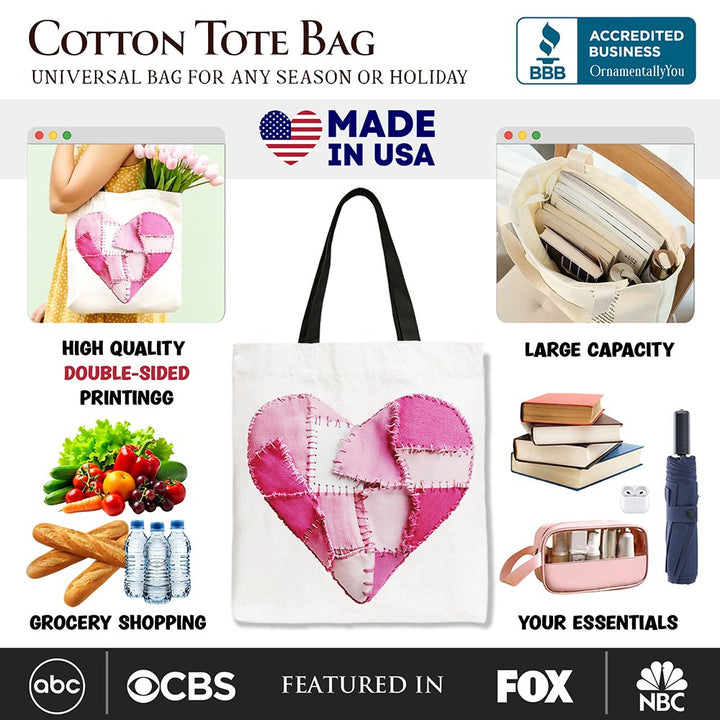 Patchwork-Style Pink Heart Canvas Tote Bag, Vintage Valentine Coquette Love Printed Gift Bag Tote Bag OrnamentallyYou 