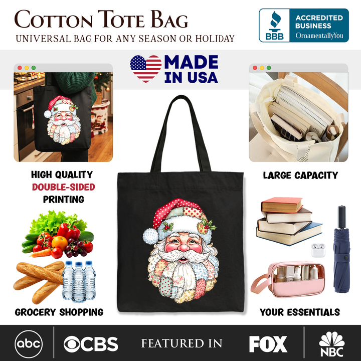 Patchwork Santa Claus Tote Bag, Retro Christmas Holiday Gift Shopper