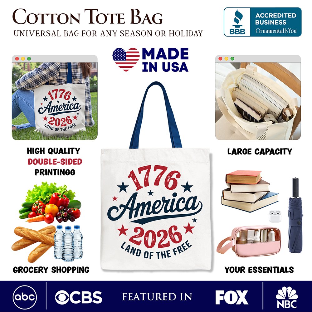 Patriotic America 1776-2026 Land of the Free Canvas Tote Bag, 250 Year Independence Day Celebration Gift Tote Bag OrnamentallyYou 