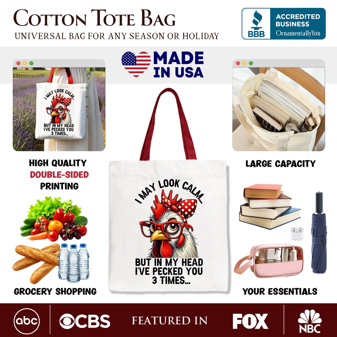 Pecking Chicken Tote Bag, Red Glasses and Bow White Gift Shopper for Sassy Women Tote Bag OrnamentallyYou 
