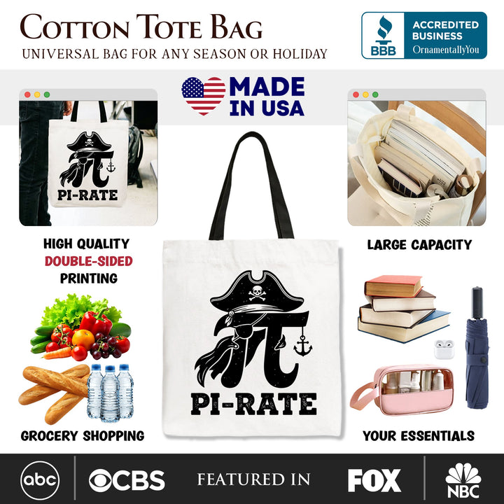 Pi 3.14 Pirate Tote Bag, Funny Math Pun Pi Day Gift Shopper Tote Bag OrnamentallyYou 