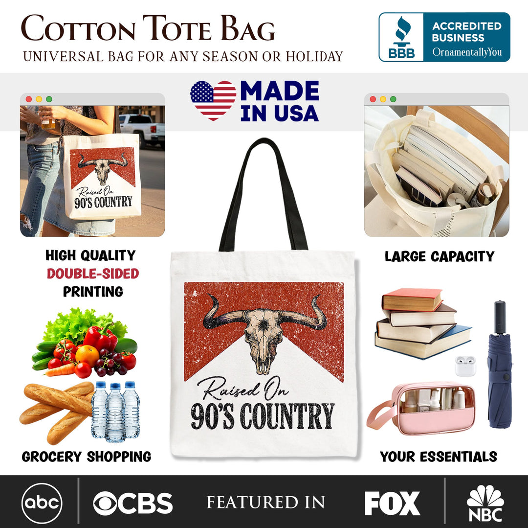 Raised On 90s Country Tote Bag, Vintage Bull Skull Gift Shopper Tote Bag OrnamentallyYou 