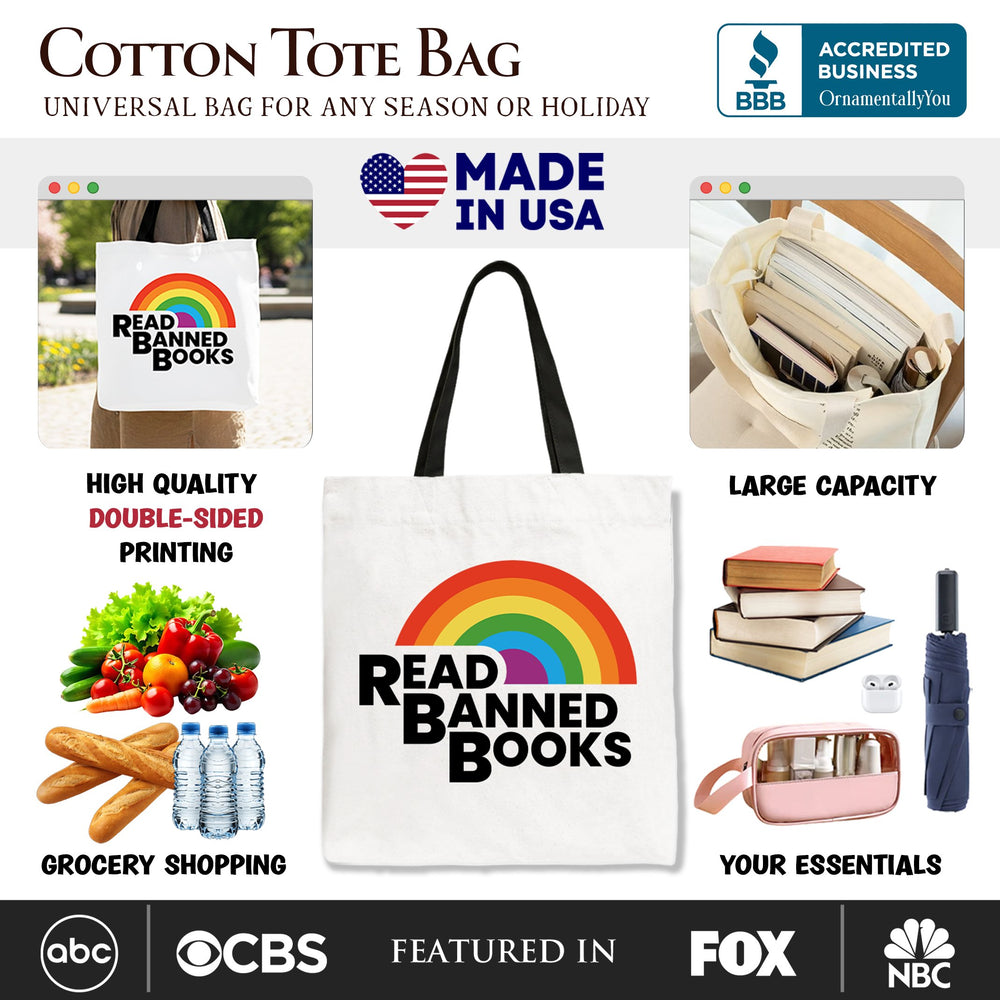 Read Banned Books Rainbow Canvas Tote Bag, Book Lover Gift Shopper Tote Bag OrnamentallyYou 