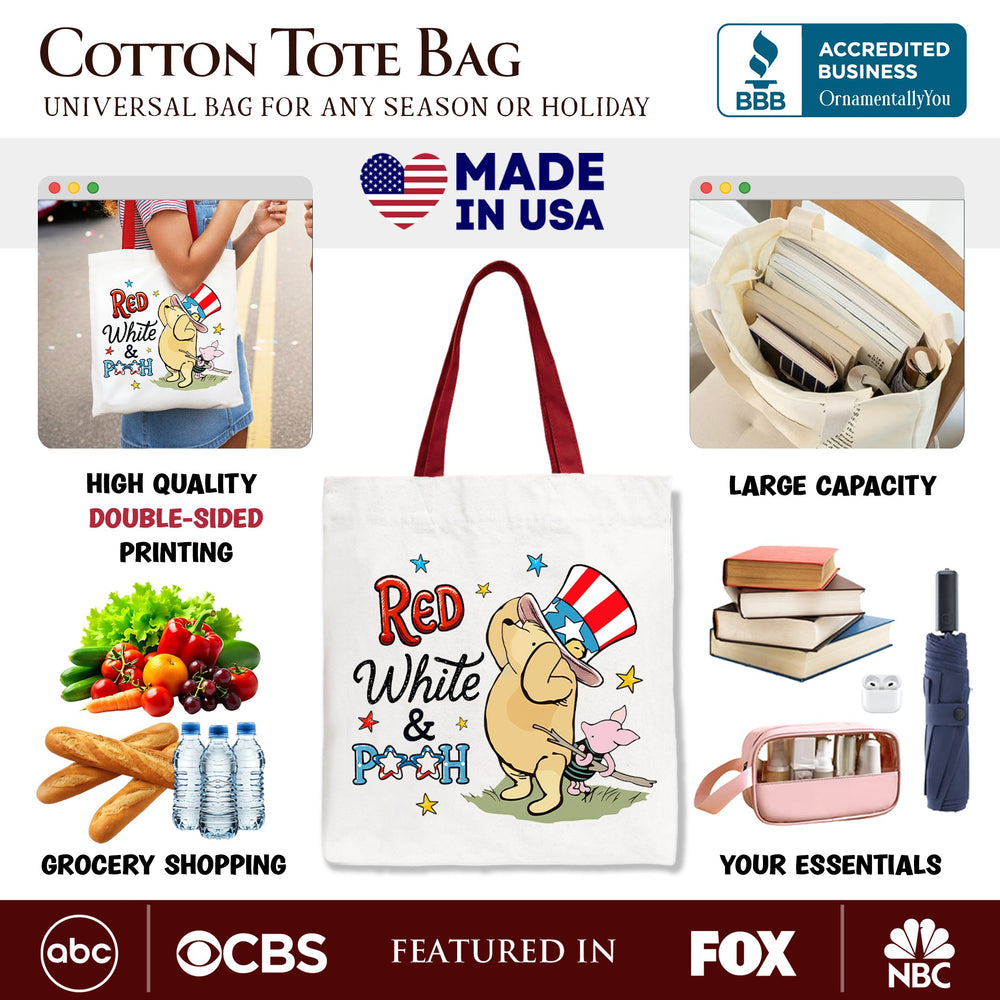 Red White & Proud Winnie-the-Pooh Tote Bag, 1926 A.A. Milne Patriotic 4th of July Gift Shopper Tote Bag OrnamentallyYou 