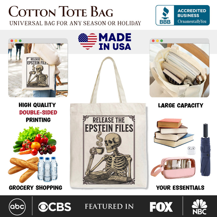 Release the Epstein Files Skeleton Canvas Tote Bag, Dark Humor Transparency Protest Gift Shopper OrnamentallyYou 