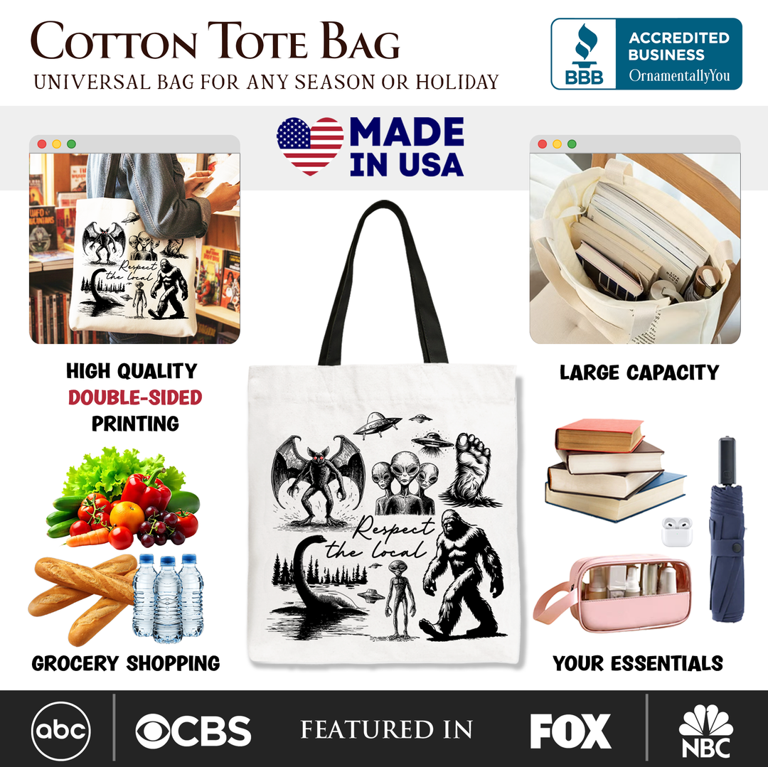 Respect The Local Cryptid Squad Canvas Canvas Tote Bag, Funny Bigfoot Alien Mothman Meme Gift Shopper