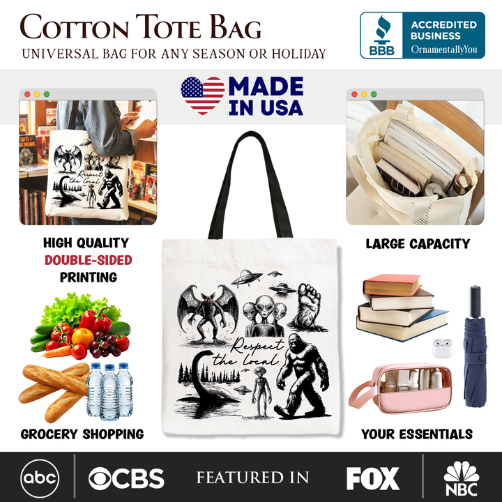 Respect The Local Cryptid Squad Canvas Canvas Tote Bag, Funny Bigfoot Alien Mothman Meme Gift Shopper