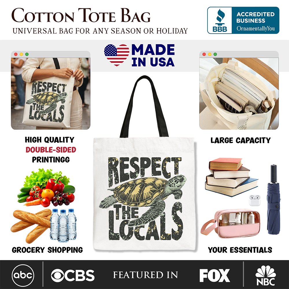 Respect the Locals Turtles Canvas Tote Bag, Retro Grunge Gift for Ocean and Beach Lovers Tote Bag OrnamentallyYou 