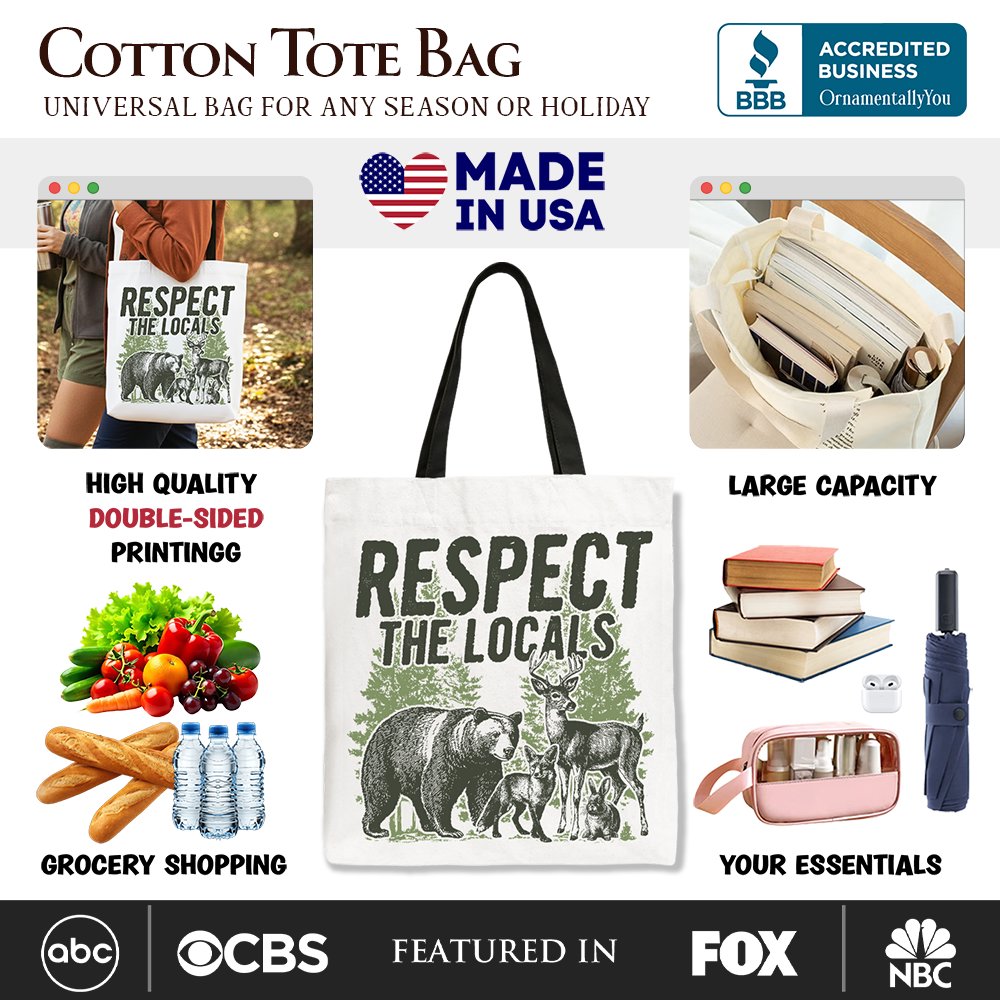 Respect the Locals Wild Animal Canvas Tote Bag, Vintage Camping Nature Gift Shopper Tote Bag OrnamentallyYou 