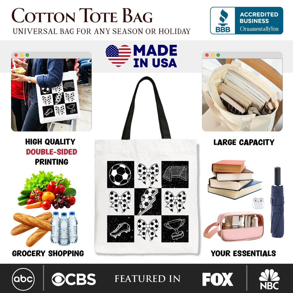 Retro Checkered Soccer Tote Bag, Coquette Bow Game Day Gift Shopper Tote Bag OrnamentallyYou 