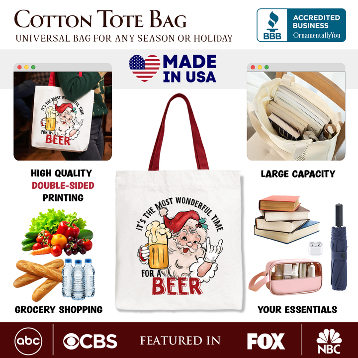 Santa Beer Christmas Tote Bag, It’s The Most Wonderful Time Funny Holiday Gift Shopper for Festive Drinkers