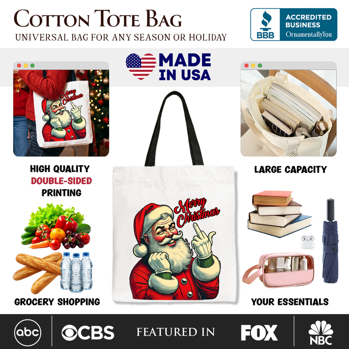 Santa Middle Finger Christmas Tote Bag, Vintage Funny Gift Shopper for Naughty Holiday Humor