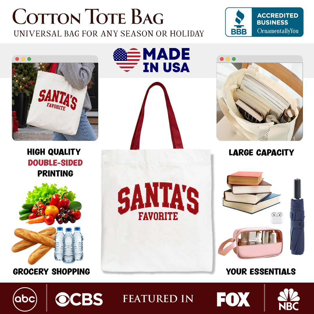 Santa’s Favorite Faux Cross Stitch Christmas Tote Bag, Winter Holiday Gift Shopper