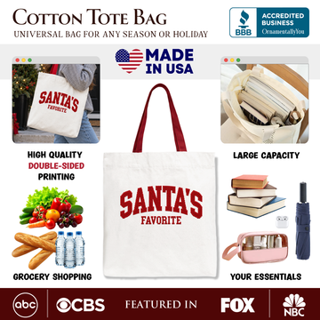 Santa’s Favorite Faux Cross Stitch Christmas Tote Bag, Winter Holiday Gift Shopper
