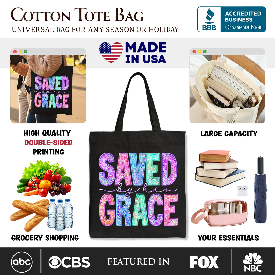 Saved By His Grace Printed Faux Sequin Christian Tote Bag, Religious Love Gift Shopper Tote Bag OrnamentallyYou 