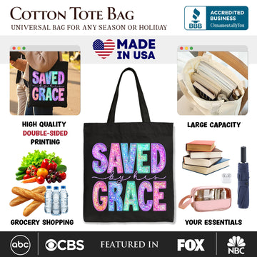 Saved By His Grace Printed Faux Sequin Christian Tote Bag, Religious Love Gift Shopper Tote Bag OrnamentallyYou 
