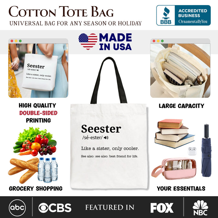 Seester Definition Canvas Tote Bag, Funny Gift Shopper for Cool and Close Sisters Tote Bag OrnamentallyYou 