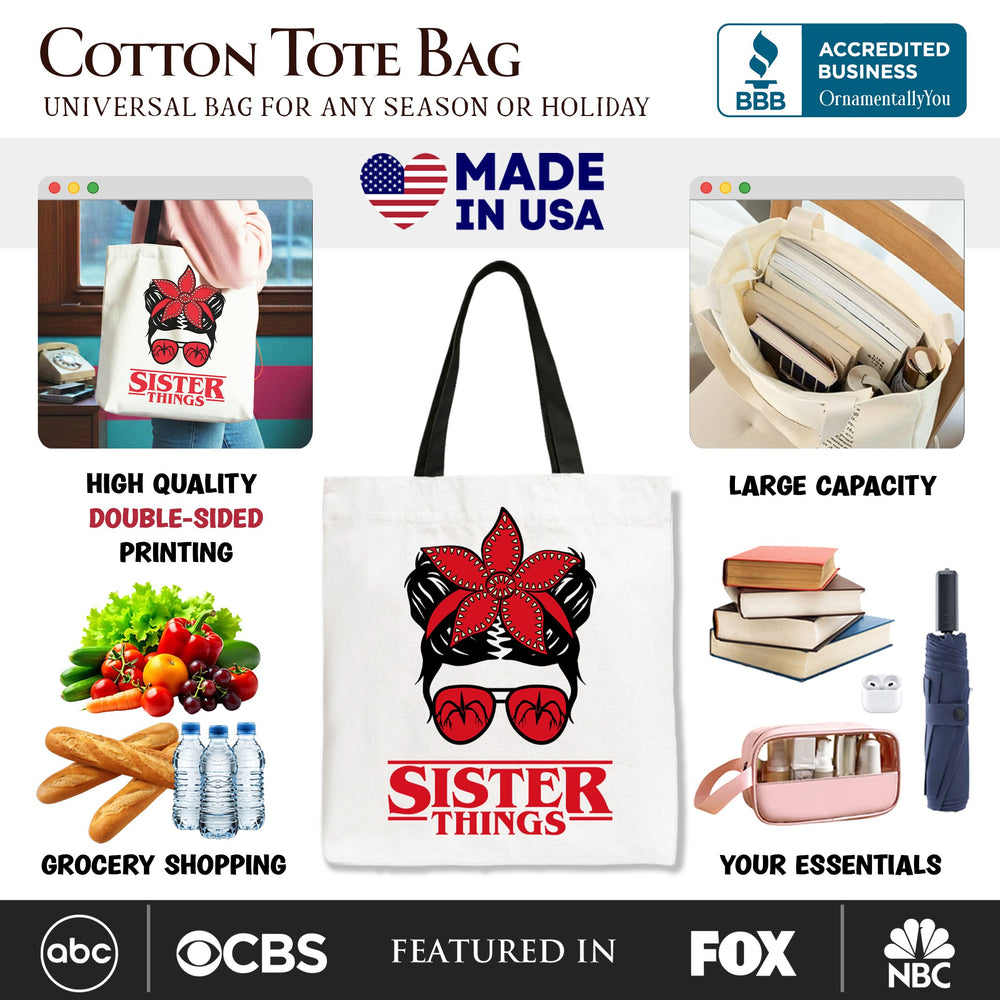 Sister Things Messy Bun Retro Canvas Tote Bag, Red Bandana Glasses Family Matching Gift Shopper Tote Bag OrnamentallyYou 