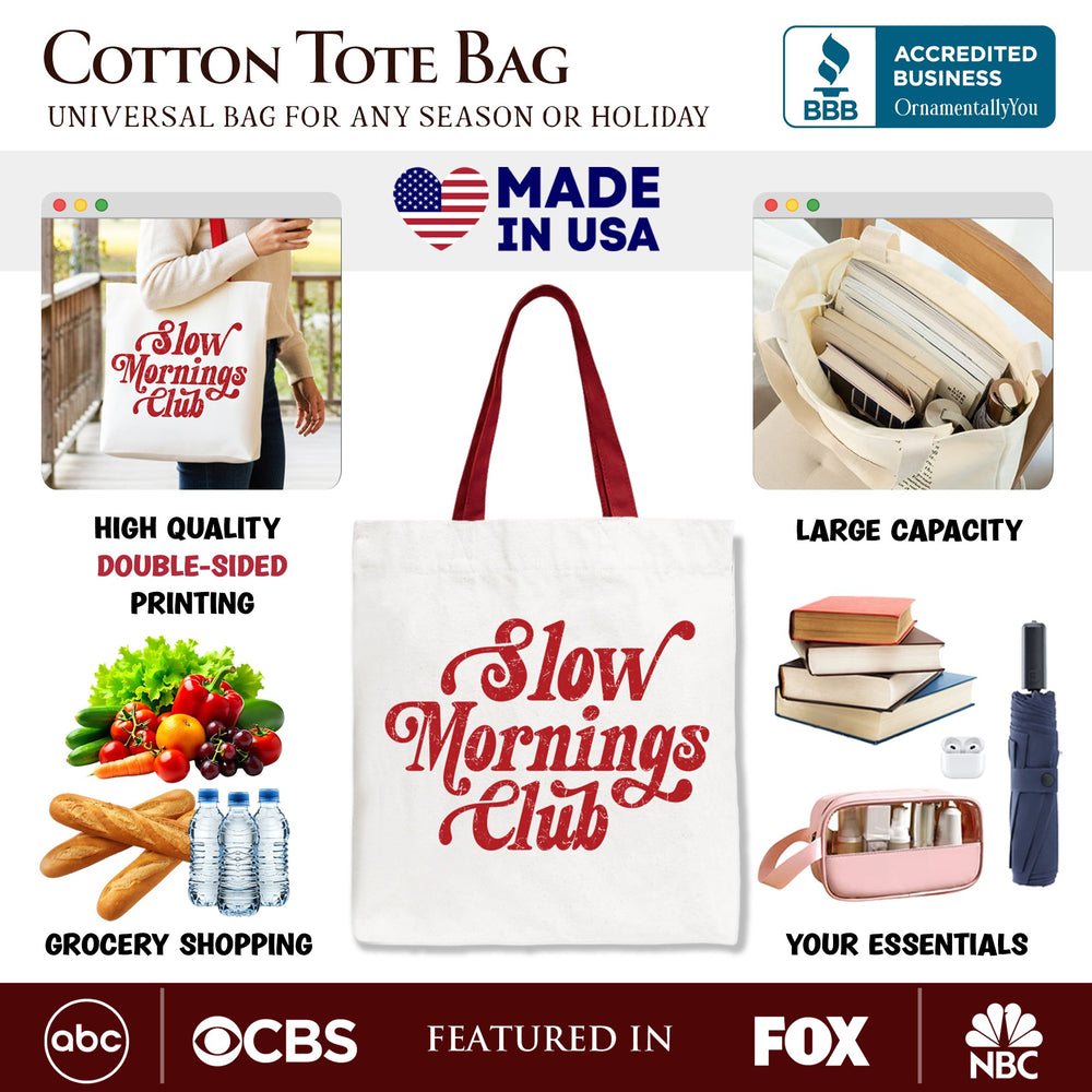 Slow Mornings Club Canvas Tote Bag, Cozy Vintage Aesthetic Gift Shopper Tote Bag OrnamentallyYou 