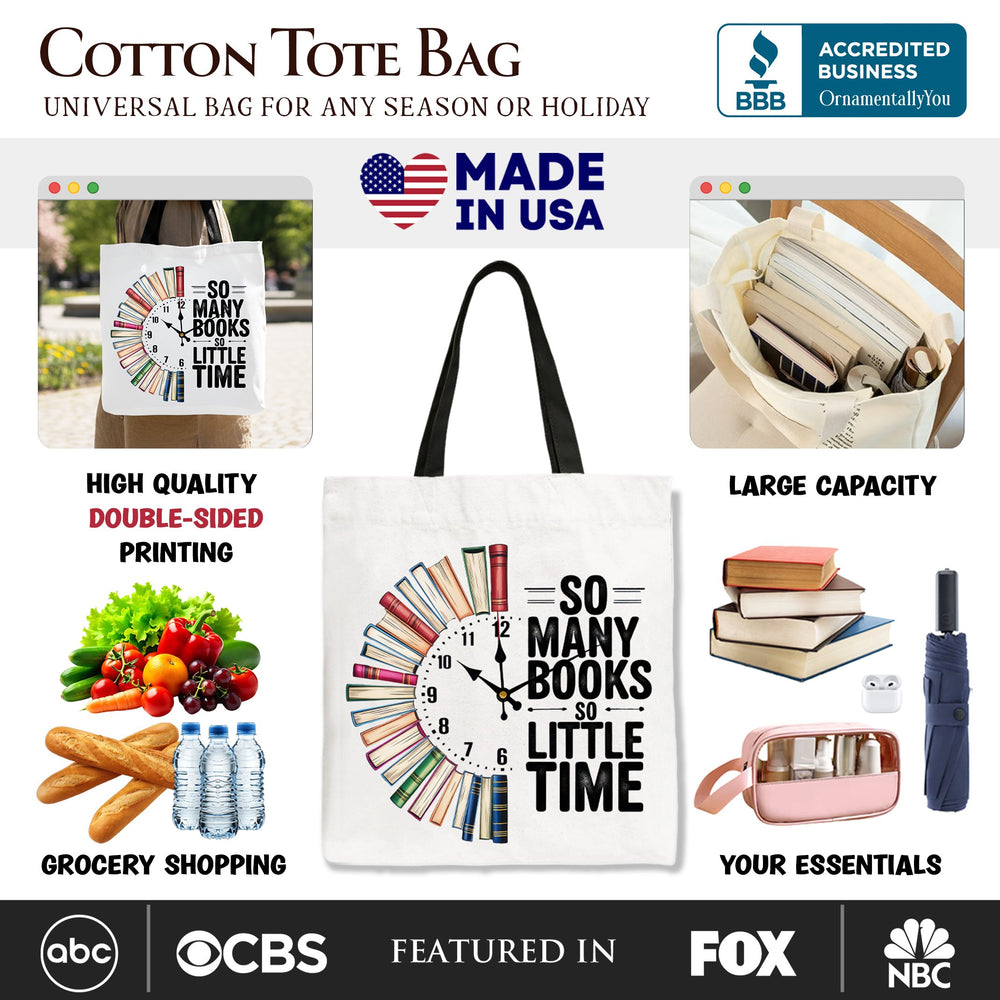 So Many Books So Little Time Tote Bag, Funny Book Lover Gift Shopper Tote Bag OrnamentallyYou 