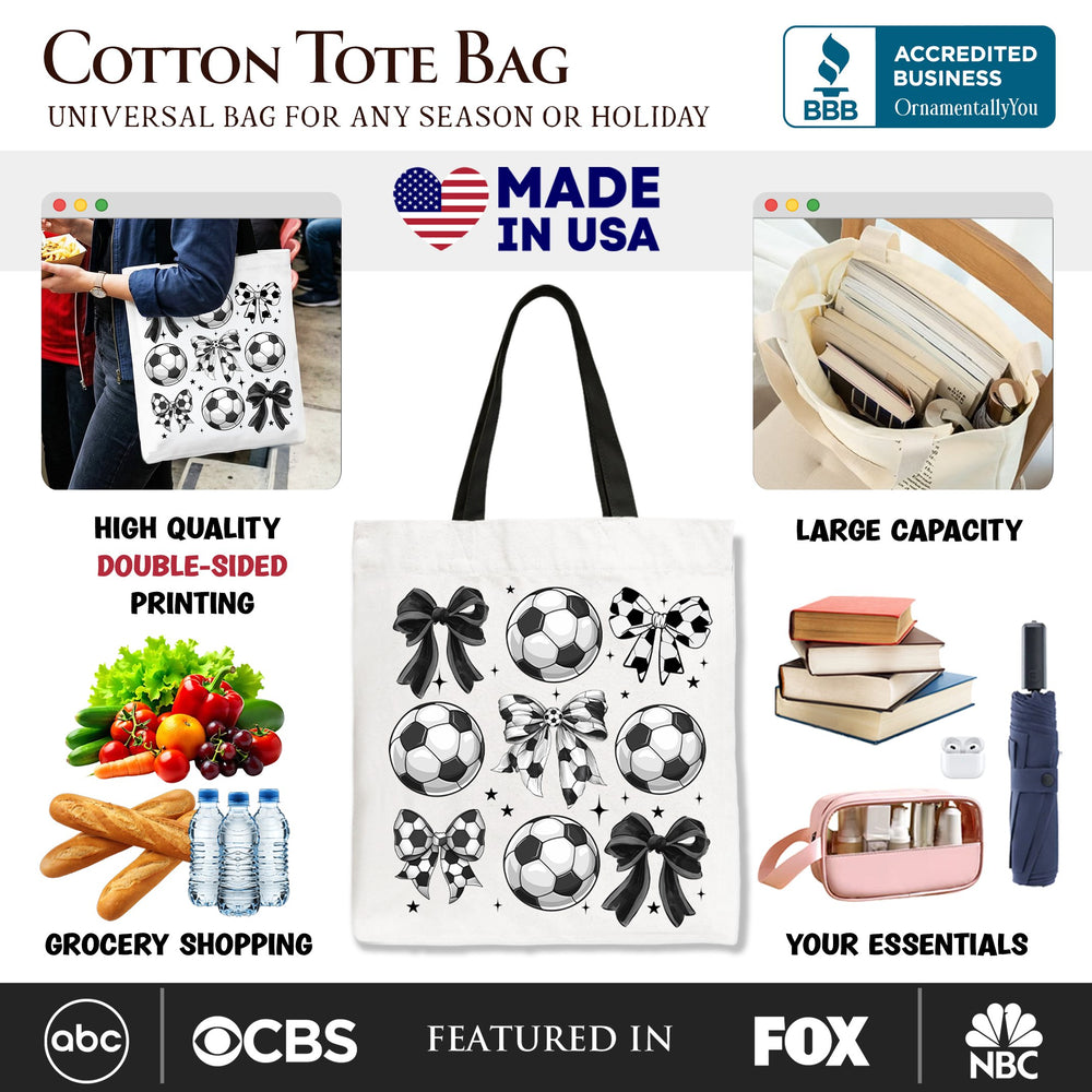 Soccer Balls Coquette Bows Tote Bag, Sports Mom Gift Shopper Tote Bag OrnamentallyYou 