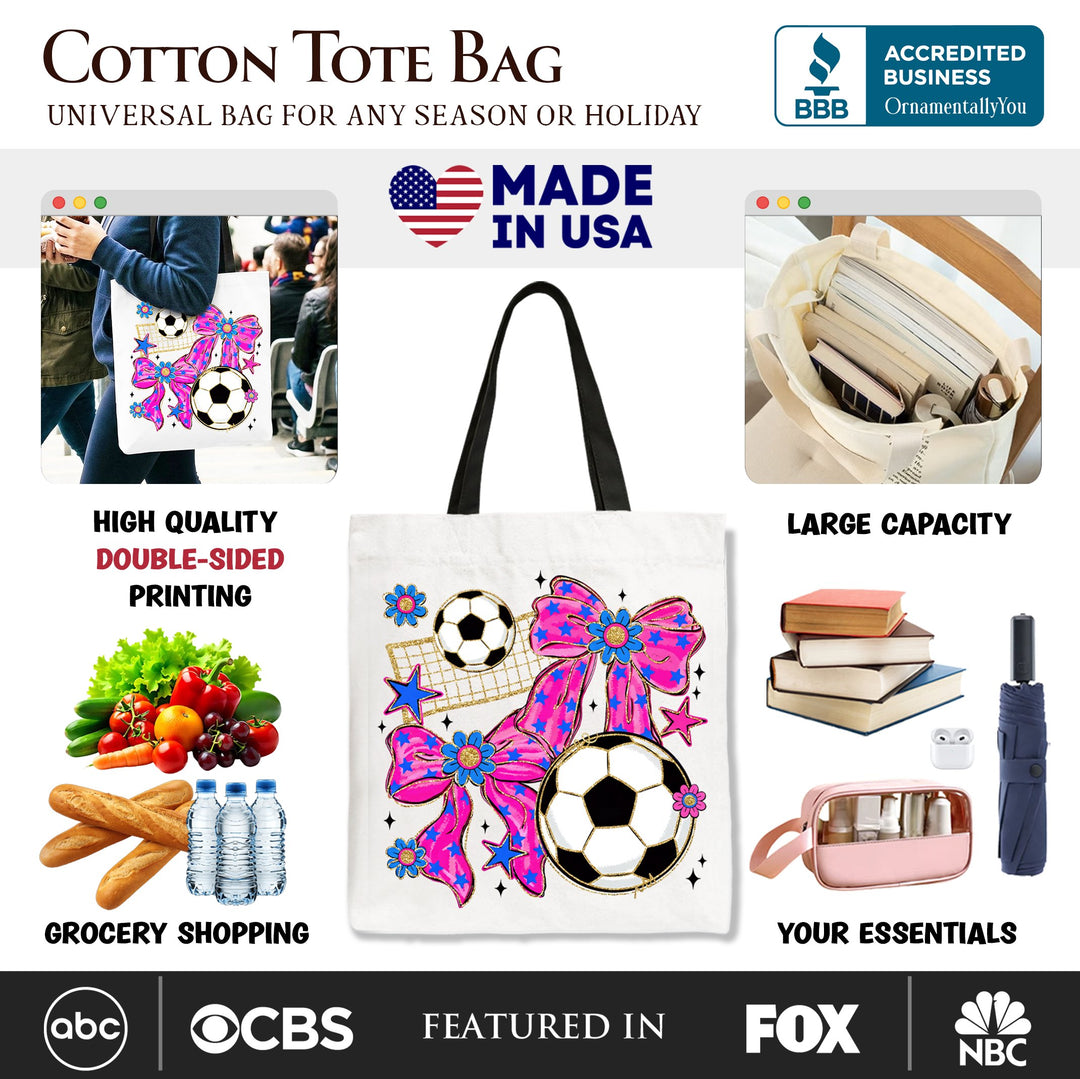 Soccer Coquette Pink Bow Tote Bag, Preppy Game Day Gift Shopper Tote Bag OrnamentallyYou 