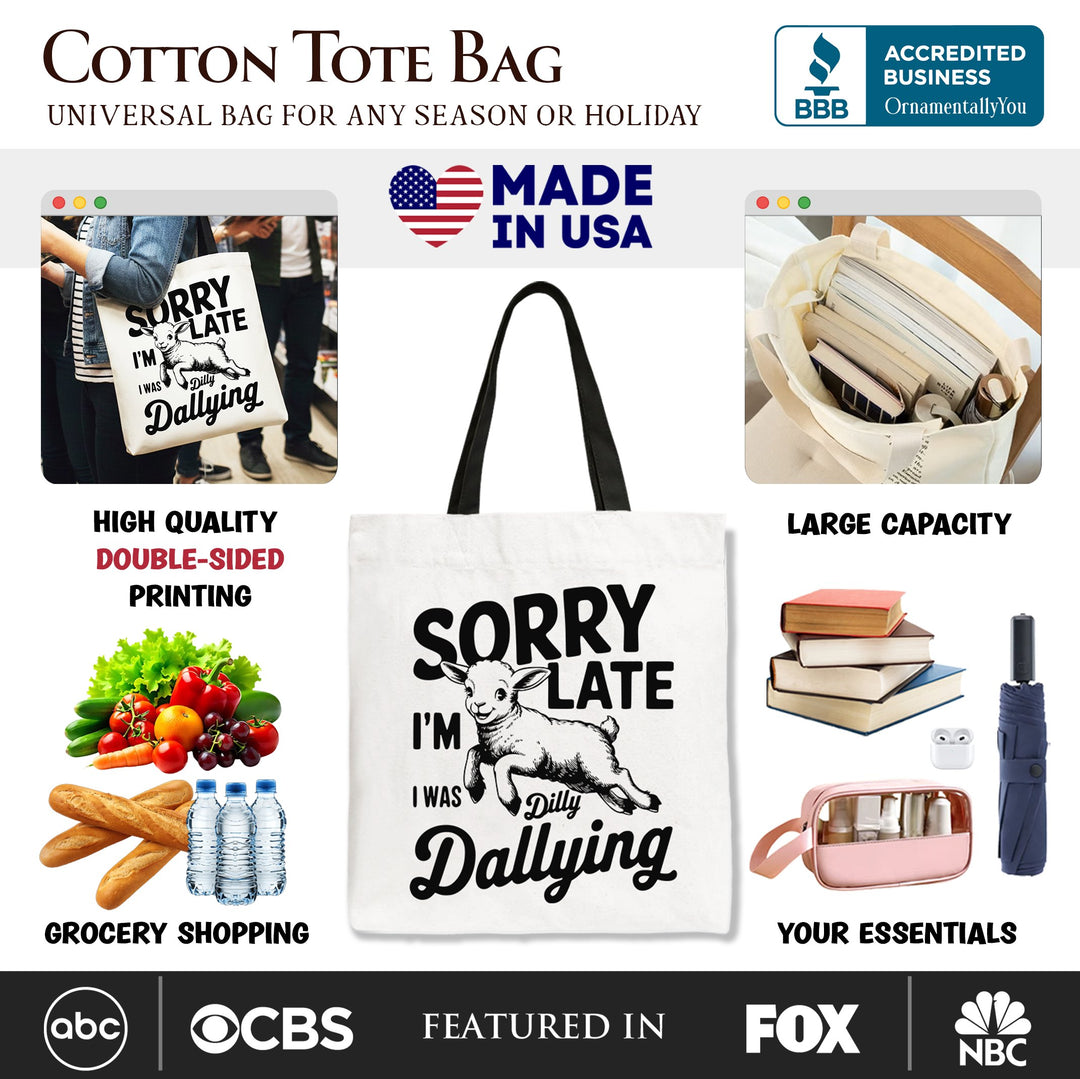 Sorry I'm Late Funny Lamb Tote Bag, Retro Dilly Dallying Gift Shopper for Quirky Women Tote Bag OrnamentallyYou 
