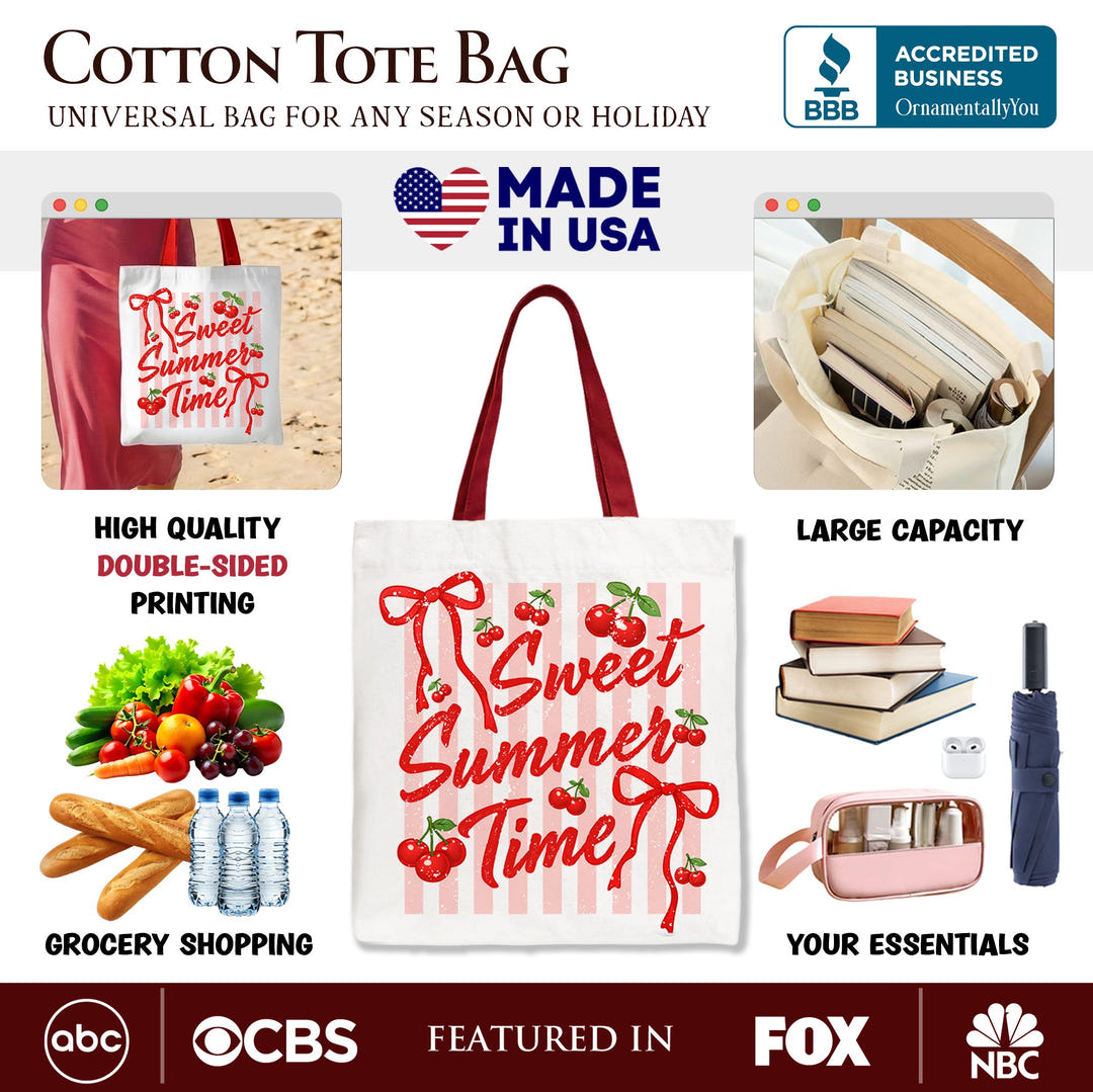 Striped Cherry Sweet Summer Time Tote Bag, Coquette Vacation Gift Shopper Tote Bag OrnamentallyYou 