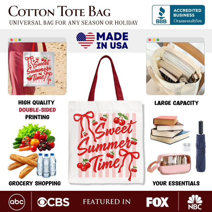 Striped Cherry Sweet Summer Time Tote Bag, Coquette Vacation Gift Shopper Tote Bag OrnamentallyYou 