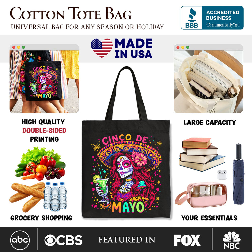 Sugar Skull Girl Cinco De Mayo Tote Bag, Mexican Margarita Sombrero Gift Shopper Tote Bag OrnamentallyYou 