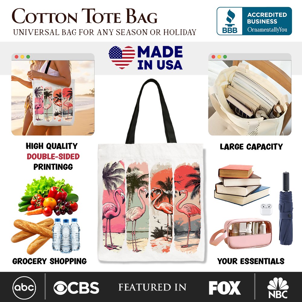 Summer Flamingo Beach Canvas Tote Bag, Retro Vacation Tropical Sunset Gift Shopper Tote Bag OrnamentallyYou 